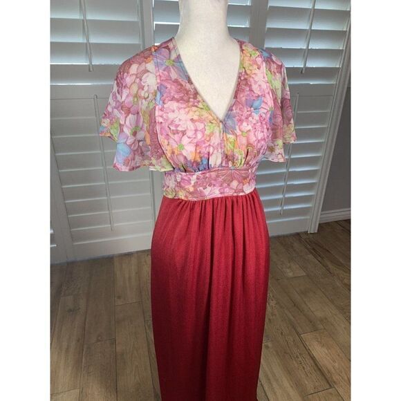 Vtg 70s Roberta California Red Pink Chiffon Floral Maxi Dress S 5 Boho Hippie - Picture 11 of 12